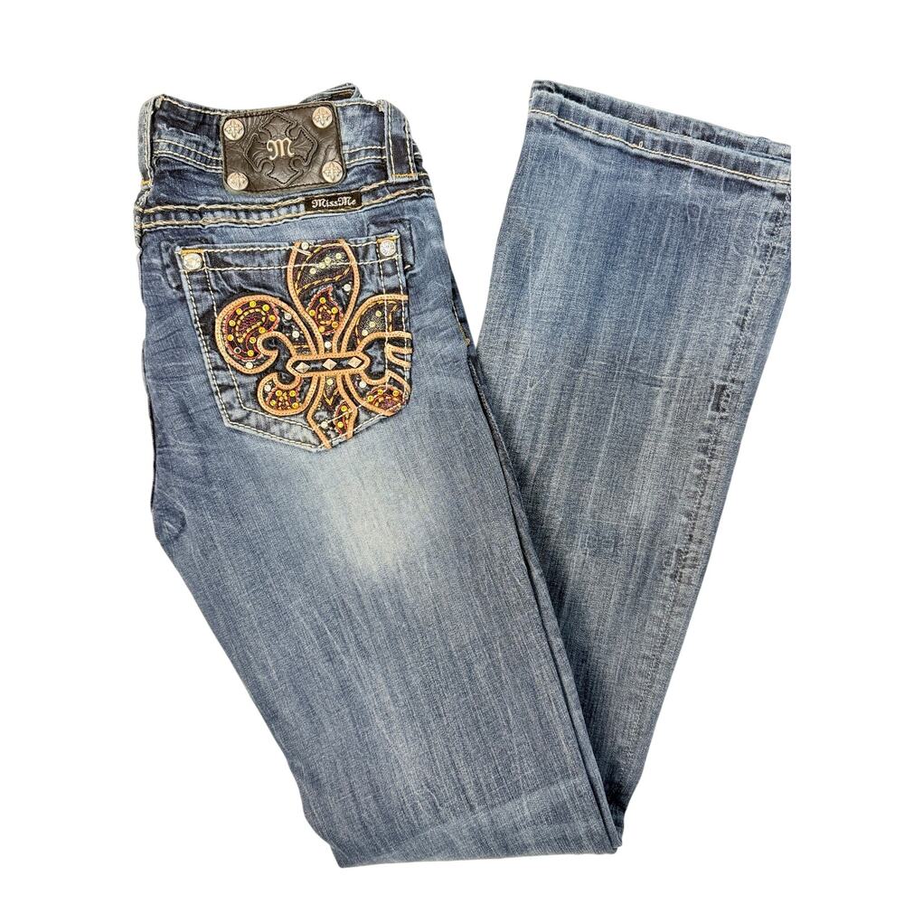 Miss Me Signature Boot Cut Jeans Womens 28 Blue Fleur De Lis Bling Y2K